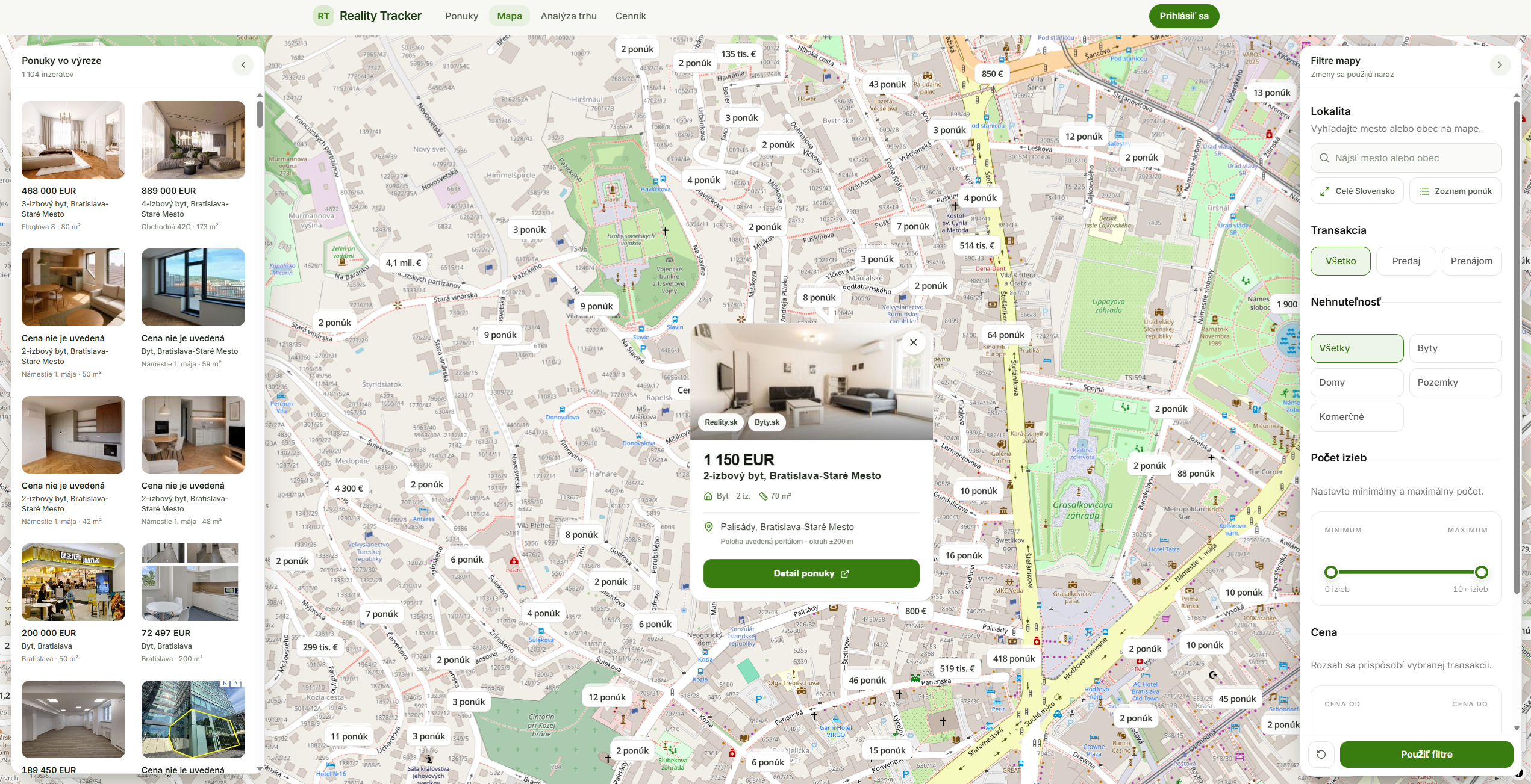 Interaktívna mapa realitných ponúk v aplikácii Reality Tracker