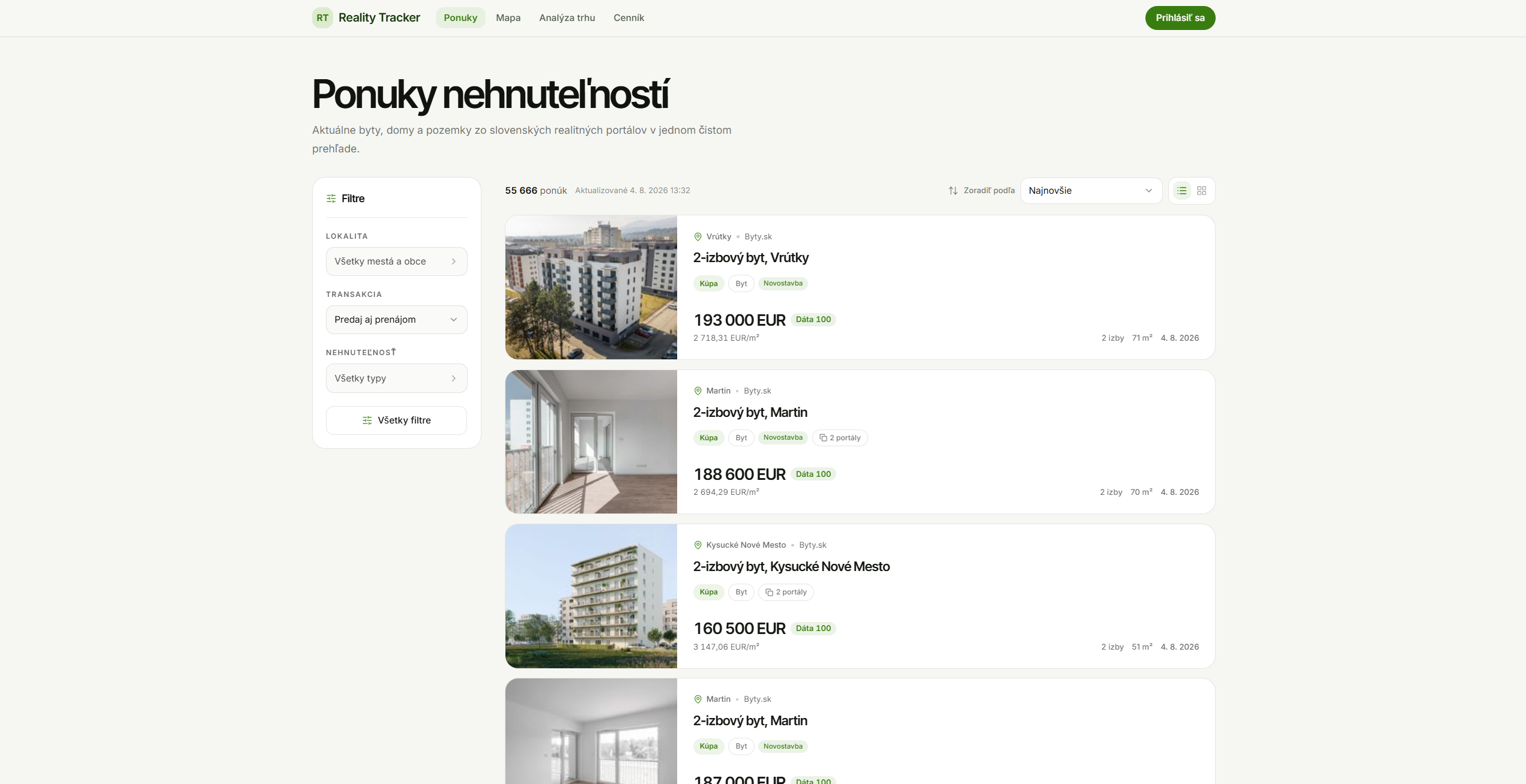 Prehliadač realitných ponúk v aplikácii Reality Tracker